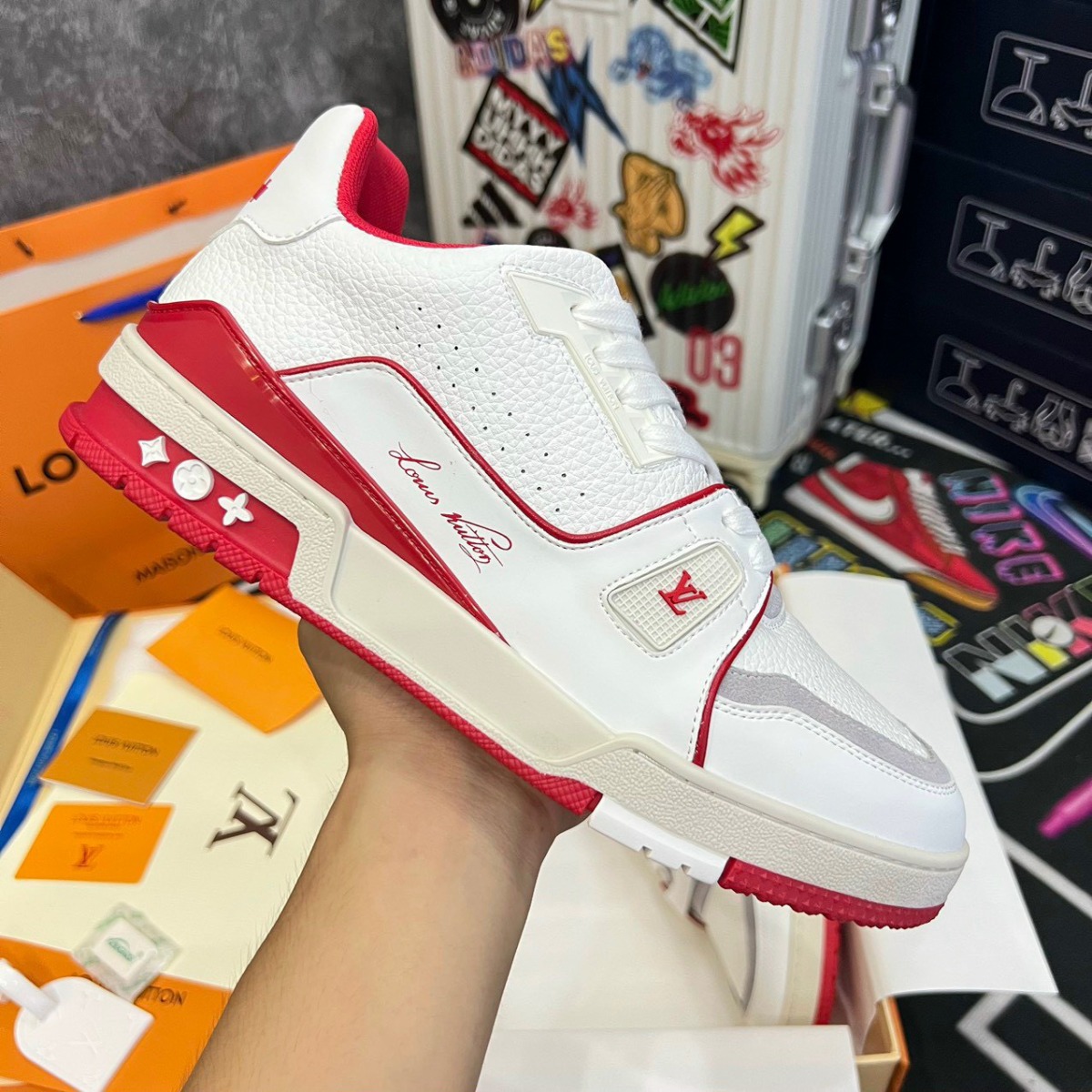 Giày LV Trainer #54 White Red Auth Tuồng