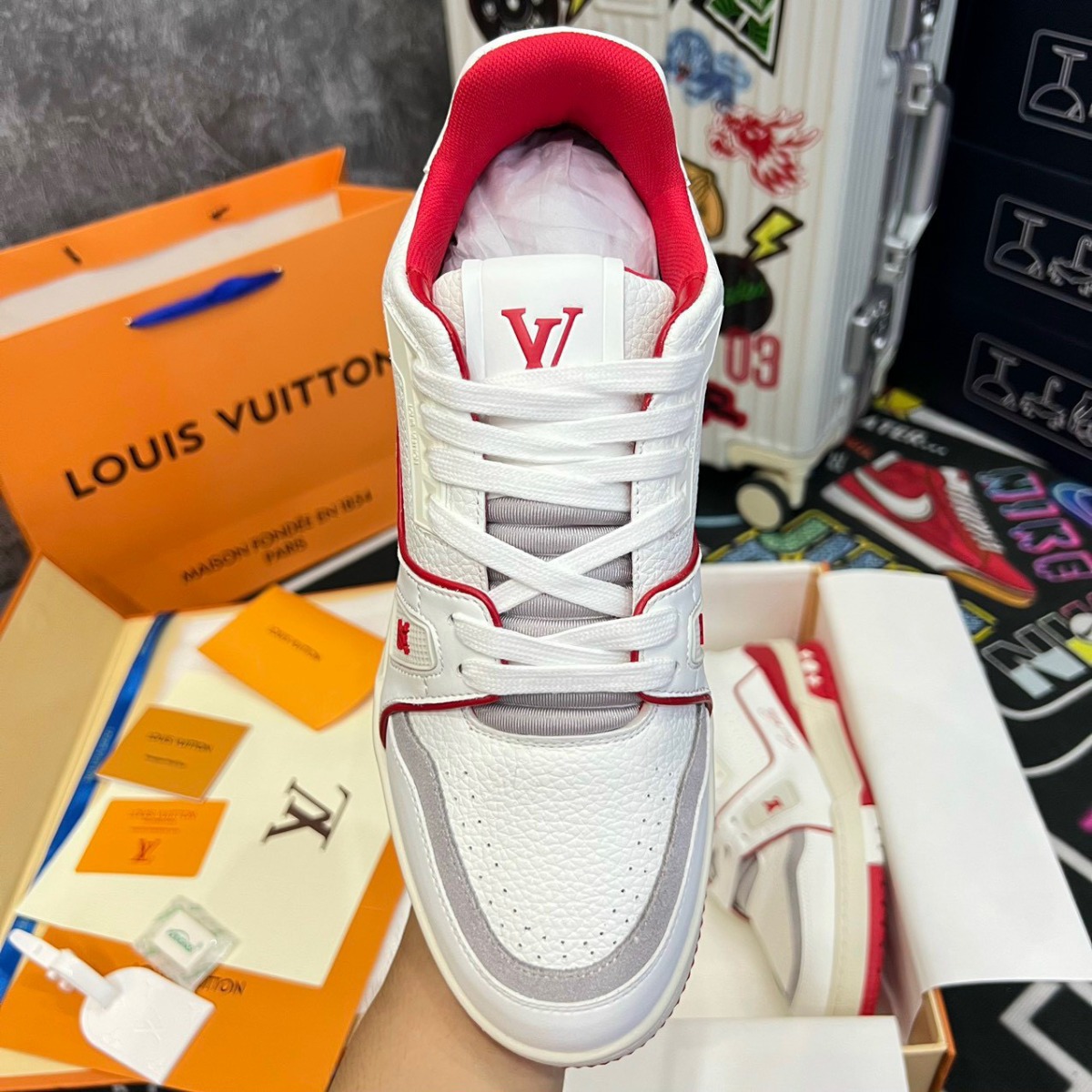 Giày LV Trainer #54 White Red Like Auth 99.99%