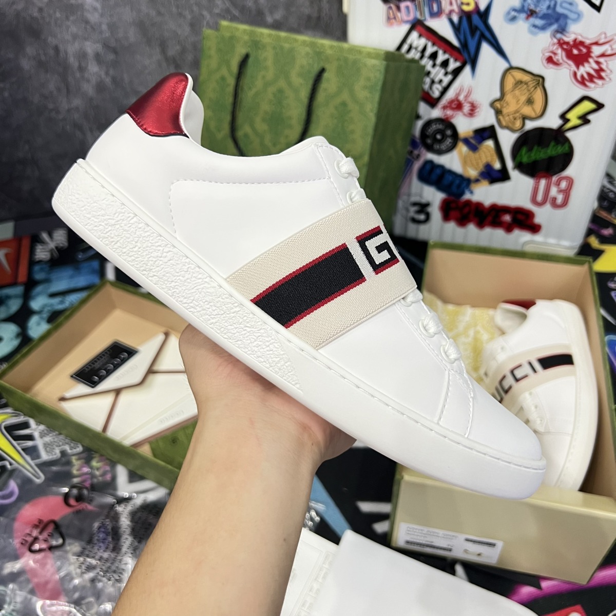 Giày Gucci Stripe Leather Sneaker 'White Red Black' Like Auth