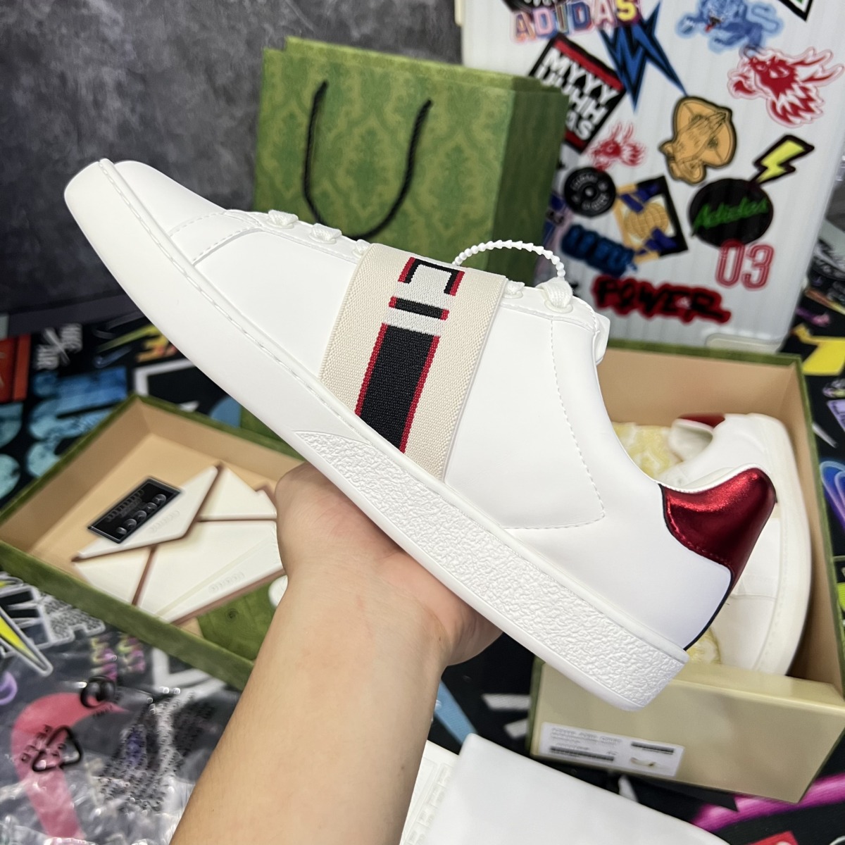 Giày Gucci Stripe Leather Sneaker ‘White Red Black’ Like Auth